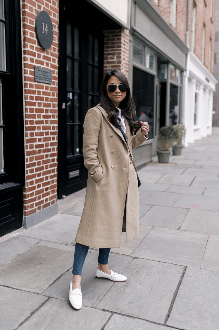 camel coat, white loafers, gucci bag, white sweater