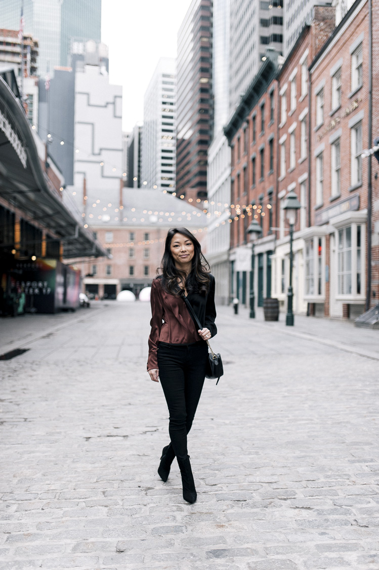 dvf blouse, gucci bag, suede booties, frame denim