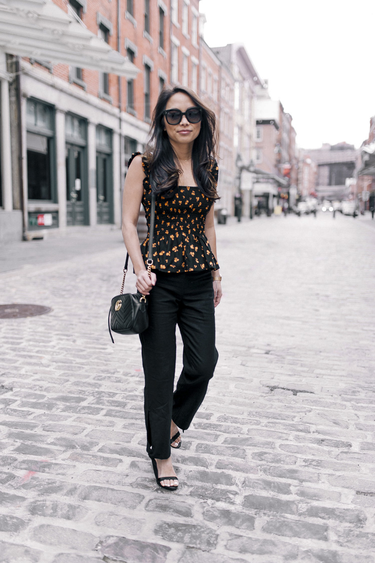 ganni, ganni smocked top, majorelle, tie pants, revolve pants