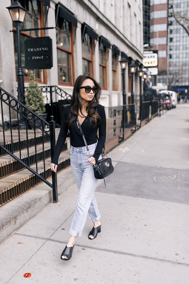 madewell jeans, jcrew bodysuit, vince mules, summer wash, high waisted jeans