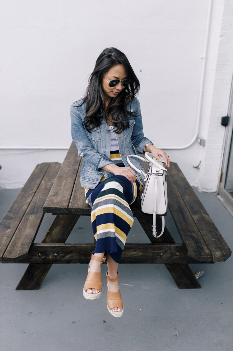 striped skirt, anthropologie, denim jacket, spring style